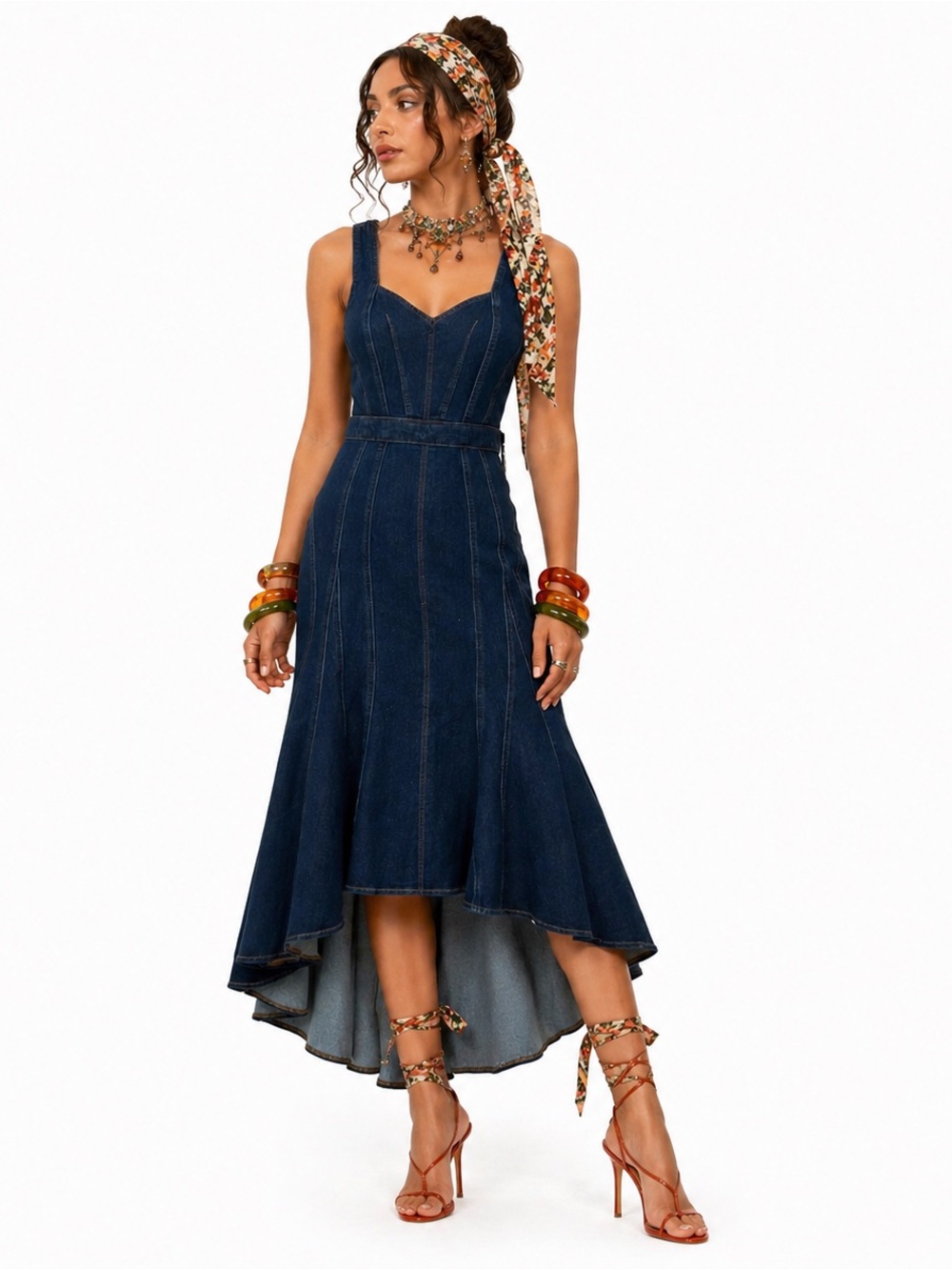 Express Sweetheart Neckline Fitted Bodice High Low Flare Denim Dress Womens SZ 6